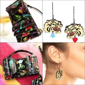 Betsey Johnson ‘Betsey’s 80th” Tattoo Bow Purse & Tattoo Tiger Earrings HTF!